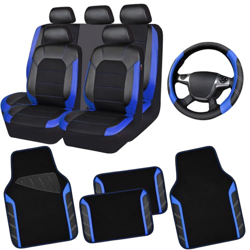 CAR PASS Air Mesh Leather Car Seat Covers Full Set,Waterproof Car Floor Mats, Sporty Steering Wheel Cover 14.5-15inch,Car Interior Sets Universal Fits for 95% Cars Truck SUV (Black and Blue)