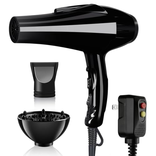 Hair Dryer, 3500 Watt Professional Salon Ionic Blow Dryer with AC Motor, 3 Heat Settings, 2 Speeds, Cool Shot Button, Tourmaline Ceramic, Concentrator & Diffuser Attachments, Black,110V