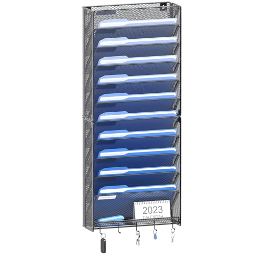OUTWOLF Hanging Wall File Organizer with Hooks, 12 Tier Vertical Wall Mount File Holder, Paper Folder Wall Organizer for Office