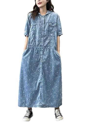 Summer Long Clothes Womens Loose Printed Denim Hooded Dresses Korean Ladies Floral Vestidos Sky Blue One Size