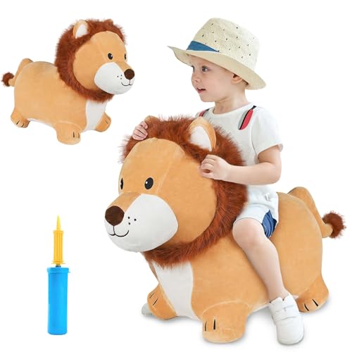 iPlay, iLearn Bouncy Pals Lion Hopper Toy, Toddler Plush Bouncing Animal, Inflatable Ride on Bouncer W/Pump, Indoor Outdoor Hopping Horse, Kid Jumping Toy, Birthday Gift for 2 3 4 5 Year Old Boy Girl