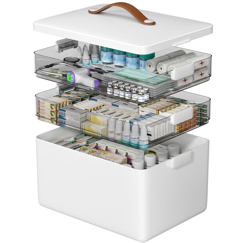 CTIME 3-Tier Medicine Organizer - Portable Medicine Cabinet with Leather Handle, Empty First Aid Kit for Home