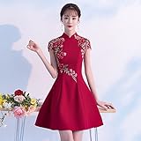 Plus Size 4XL A-line Cheongsam Mandarin Collar Vintage Button Chinese Qipao Exquisite Embroidery Floral Chorus Banquet Dress (Burgundy,XXXL)