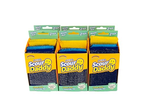 Scrub Daddy Steel Scouring Pad Scrub Sponges - Stainless Steel Scour Daddy - Stainless Steel Fibers Do What Scrubbing Sponges Can't - Durable, Shred-Resistant Scrubbing Pads - 2 Count (6 Pack)