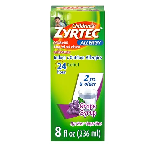 Zyrtec Children's 24 Hour Allergy Relief Syrup, 5 mg Cetirizine Hydrochloride Antihistamine, Kids Allergy Medicine for Indoor & Outdoor Allergy Relief, Dye- & Sugar-Free, Grape, 8 fl. oz