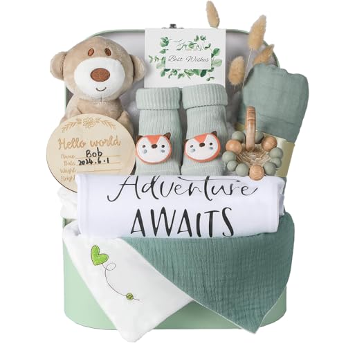 Baby Gift Set Baby Shower Gifts Basket for Newborns New Born Baby Sage Green Gift Basket with Baby Rattle Swaddle Security Blanket for Gender Neutral Baby Girls Boys