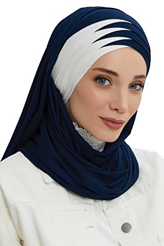 Aisha's Design Hijab Muslim Scarves for Women,%100 Cotton Presewn Jersey Shawl Turban, 2-Color, Navy Blue - Ivory