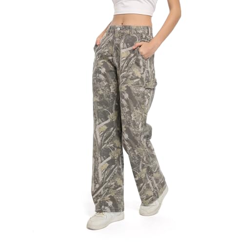 PinkyMoor Women Camouflage Cargo Pants Camo Pants Women Straight Wide Leg Trousers Jeans with Pockets（M）