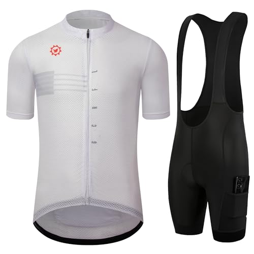 GCRFL Men's Cycling Jersey Sets Road Bike Jersey Riding Shirts Lightweight, Bib Shorts With Pockets Padded (White, XL)