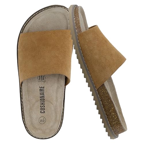 CUSHIONAIRE Ritual Women’s Slide Sandal – Suede Slip-On with Cork Footbed, Contoured Insole & Flexible Lightweight Outsole, CHESTNUT 8