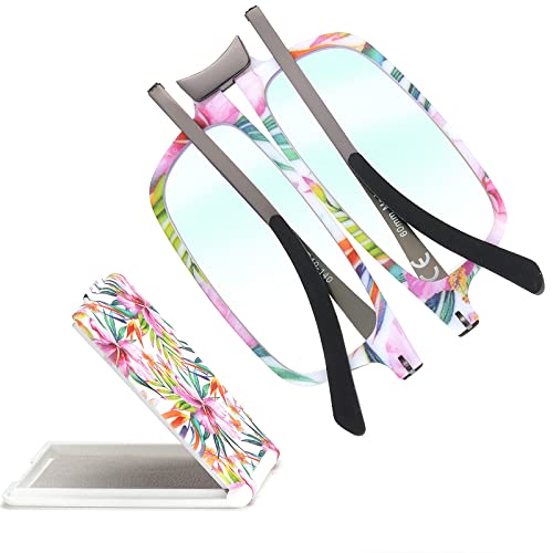 Missfive Modern Folding Reading Glasses For Women Men Blue Light Blocking, Anti UV/Eyestrain Fashion Pattern Print, Foldable Thin Lightweight Portable Readers Pocket Travel Eyeglasses,1.5x,Flower