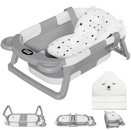 MoreFeel Collapsible Baby Bathtub for Newborn with Thermometer & 1 Hooded Towel & 1 Soft Floating Cushion,Portable Travel Bathtub with Drain Hole, Durable Foldable Baby Tubs for Infants to Toddler