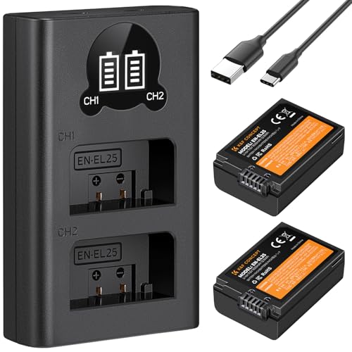 K&F Concept EN-EL25 Battery 1600mAh 2-Pack EN-EL25A Battery and Dual LCD Battery Charger for Nikon Z50, Z30, Z FC Camera MH-32 Battery Charger