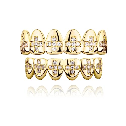 TOPGRILLZ Grillz Poker Grills for Your Teeth Heart Hip Hop Grillz Teeth Men Diamond Grillz for Men Women 18K Gold Plated Hustla Teeth Grillz Jewelry Rapper Costume(Gold Cross)