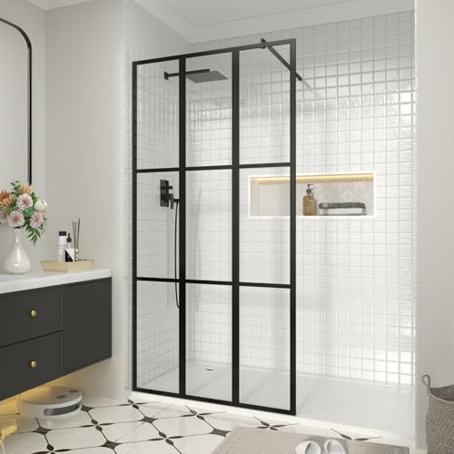 Bathroom Shower Door,35" W x 72" H Shower Glass Panel,Walk-in Shower Screen,Clear Tempered Glass Shower Panel with Matte Black Rod No Glue Required