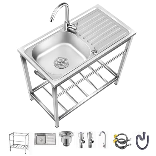Outdoor Utility Sink,Free Standing Stainless Steel Laundry Tub, Single Bowl Portable Washing Hand Basin Station,fish Cleaning Table&Storage Shelves for Garage, Restaurant, Kitchen,Camping, Backyard