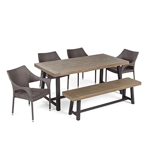 Great Deal Furniture GDFStudio Outdoor 6 Piece Dining Set with Stacking Wicker Chairs and Bench, Sandblast Gray and Black