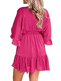 Aoysky Womens V Neck Casual Dresses Summer Loose High Waist Ruffle Pleated Cute Mini Short Dress Hot Pink