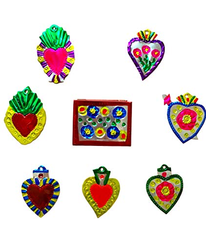 Mexican Milagros Charms - Tin Painted Sacred Heart Ornaments with Decorative Tin Box - Mexican Art - Set of 7 Milagros - Small
