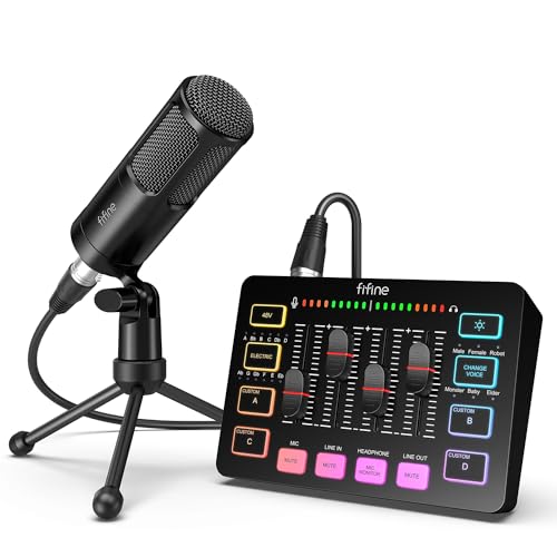 FIFINE Audio Equipment Bundle for Gaming Podcast, Streaming RGB Mixer Set with XLR Dynamic Vocal Microphone, Voice Recording Kit Set with Volume Fader, Individual Control, Mute, Monitoring-KS3