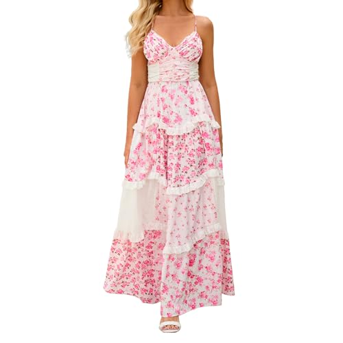 ABYOVRT Women Floral Maxi Dress Spaghetti Straps V Neck Patchwork Flowy Boho Sundress Tiered Long Dresses (Pink,L)
