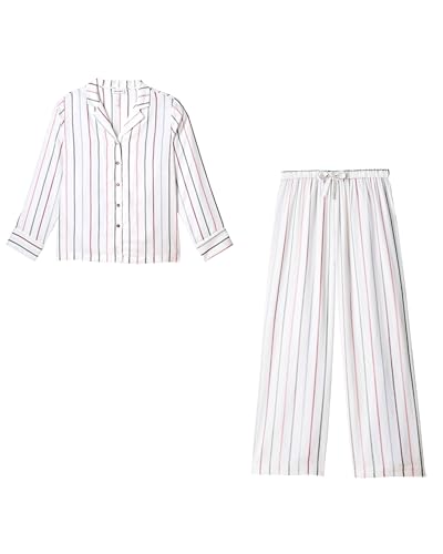 Cozy Earth Soft Woven Long Sleeve Pajama Set For Women - Luxury Button-Up Sleepwear - Cottage Stripe Small