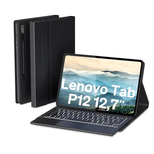 DoohowCase Backlit Keyboard Case Touch for Lenovo Tab P12 12.7" 2024/2023 (TB370FU), Bluetooth Keyboard with Trackpad & Twill Cover Case & Adjustable Kickstand for Lenovo Tab P12