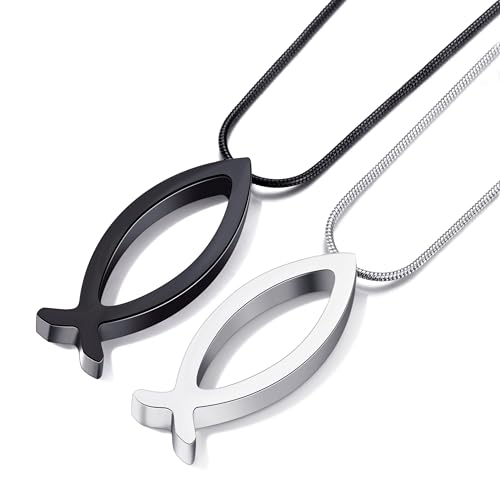 MOO&LEE Ichthys Pendant Necklace Jesus Fish Necklace for Men and Women with Stainless Steel Snake Chain Christian Symbol Religious Gift, BFF Jewelry for 2