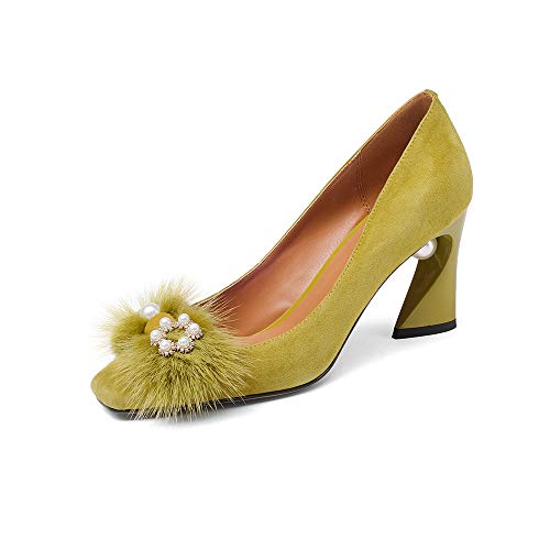 Fashion Heel Suede Leather Women's Square Toe Chunky Heels Vintage Floral Handmade Dress Pump Shoes with Fur Pearl (Yellow, US9)