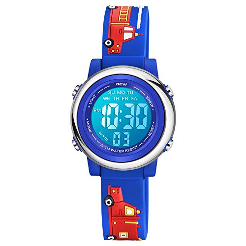 Venhoo Kids Watches for Boys 3D Cartoon Waterproof Silicone 7 Color Flashing Lights Children Toddler Wrist Watch for Boy Little Child-Blue Fire Truck