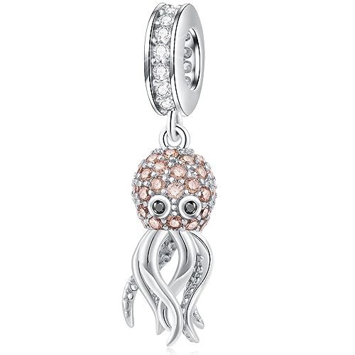 Sparkle Octopus Champagne CZ Pendant Charm, Fit Pandora Sea Necklace Bracelet, 925 Sterling Silver Ocean Animal Beads, Gift for Christmas/Daughter/Best Mom/Friends/Birthday