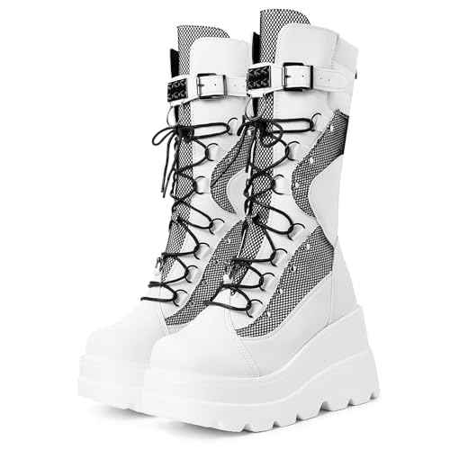 mikarka Womens Holographic Platform Mid Calf Combat Boots Lace Up Wedge Heel Studded Goth Knee High Boots