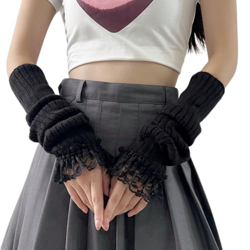 DUNKOING Cute Knitted Arm Warmer Kawaii Y2K Long Arm Sleeve Japanese Harajuku Goth Fingerless Sleeve for Women Girls (Black-Lace)