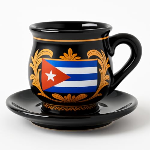 Set de 4 Tazas Espresso Premium – Diseño Moderno para Amantes del Café y Baristas.Cerámica Negra – Estilo Tinajón con Hojas Doradas y Bandera Cubana – 90 ml para Café Cortado o Cubano.