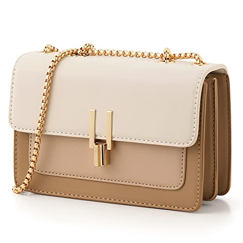 Crossbody Bags Cute Faux Leather Trendy Cross Body Purses for Women Small Color-Block Designer Handbags Ladies Satchel Chain Strap Shoulder Bag Beige White