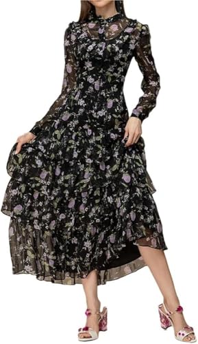 Women Vintage High Waist Long Sleeve Casual Dresses Cascading Ruffle Splice Chiffon Dress(Medium)
