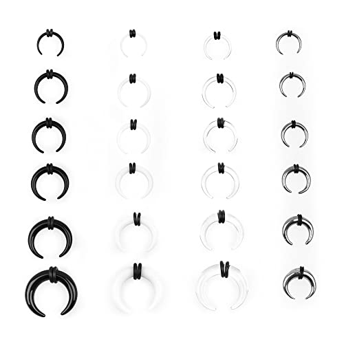 Linkning 24 Pcs Stainless Steel Pincher Tapers Septum Ring Acrylic C Shape Buffalo Gauge Stretcher Pierced Nose Kit with Black Rubber Rings