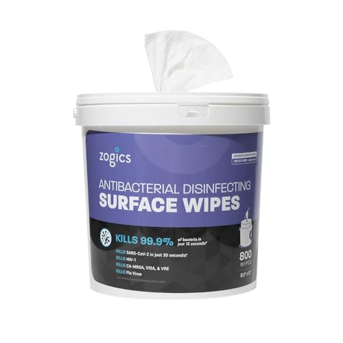 Zogics Antibacterial Wipes, EPA Registered Surface and Gym Equipment Disinfecting Wipes (800 Wipes) + Reusable Wipe Bucket Dispenser