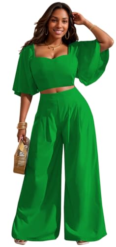 WUSENST 2 Piece Sets Outfits for Women Sweetheart Neck Ruffle Short Sleeve Crop Top Wide Leg Long Pants Set Business Casual Lounge Set