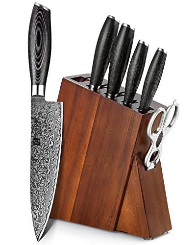 XINZUO Kitchen Knife Block Set, 7-Piece Damascus Chef Knife Set for Professional Chefs and Home Cooking, Japense Kitchen Knife Set with Kitchen Shears, Pakkawood Handle, Gift Box - Ya Series
