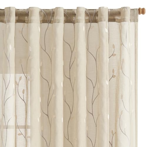 jinchan Sheer Curtains for Bedroom 84 Inch Length Leaf Embroidered Semi Sheers for Living Room Botanical Embroidery Voile Transparent Back Tab Window Treatments 2 Panels