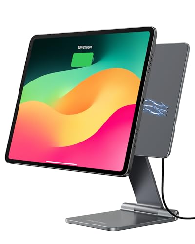 KU XIU Magnetic Wireless Charging Stand for iPad Pro/Air 11" M2 M3, Aluminum Alloy Foldable Tablet Holder Mount, Adjustable Desk Stand for iPad Pro 11 1st/2nd/3rd/4th, Air 10.9" 4/5th