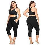 3 Pack Plus Size Capri Leggings with Pockets for Women -High Waist Stretchy 1X-4X Workout Yoga Pants(2XL,BLK)