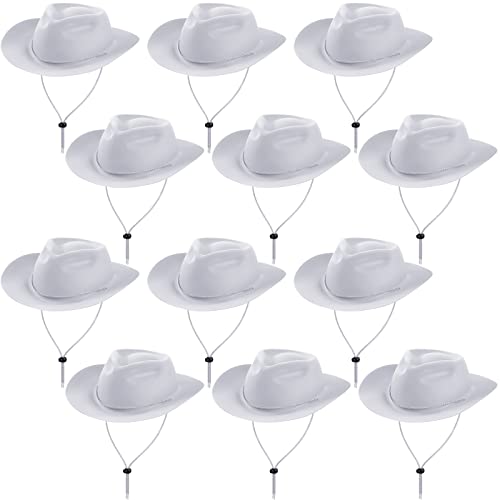 Hicarer 12 Pieces Western Cowboy Hat Set Plastic Felt Wide Brimmed Felt Cowgirl Party Hat for Men Women Costume Party(White)