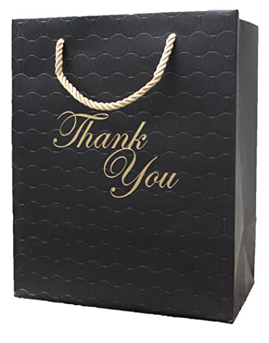 MODEENI Black Thank You Gift Bags - 8x10 Medium Size - 12 Bags - Classy for Small Business - Boutique with Gold Foil Handles and Embossed Modern Finish