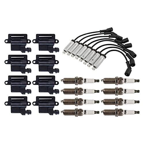 TRQ Ignition Kit Ignition Coil Set Spark Plugs Wire Set Compatible with 02-06 Cadillac 99-07 Chevrolet GMC 03-07 Hummer 06 Isuzu