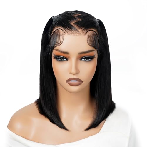 SUPERNOVA Glueless Styled Short Bob Wig Human Hair 13x4 Lace Front Braided Wigs For Black Women Straight Wear And Go Glueless Wigs Human Hair Pre Plucked Pre Cut Lace 200 Density(10 Inch)