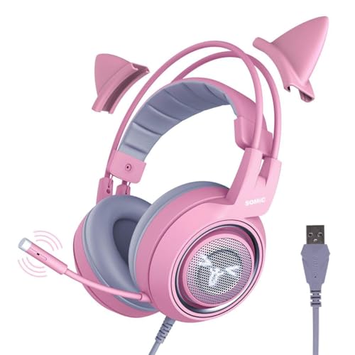 SOMIC G951pink Gaming Headset for PC, PS4, PS5, Laptop, Cat Ear Headphone USB Gaming Headphones with Mic Noise Cancelling, LED Light, 7.1 Virtual Surround Sound for Girls, Women