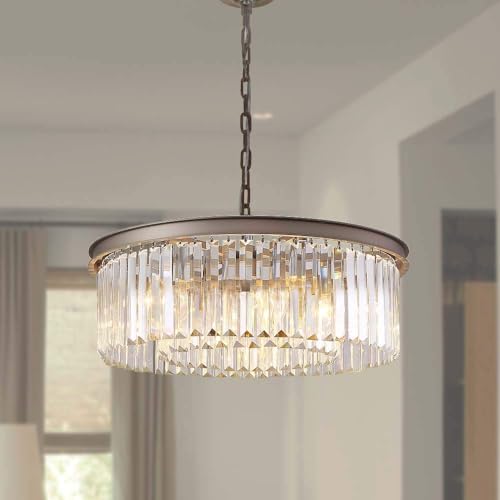 MEELIGHTING Modern Contemporary Nickel Crystal Chandeliers Lights Vintage Pendant Round Chandelier Lighting Fixture Traditional 3-Tier 5Lights for Dining Room Living Room Kitchen Island W22