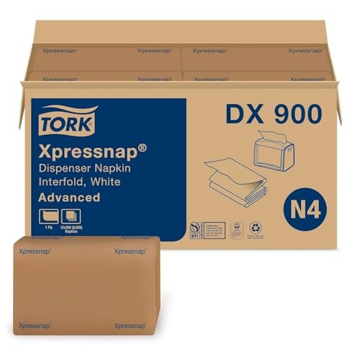 Tork Xpressnap White Dispenser Napkins N4 Advanced Interfold 1-Ply for Hygienic Dispensing 12 Packs of 500 (6000 Total) - (DX900)